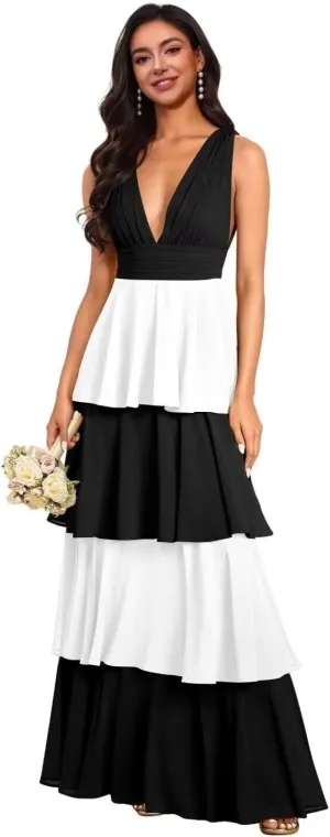 V Neck Bridesmaid Dresses 2025 Chiffon Tiered Ruffles Long Prom Dresses A Line Formal Evening Dresses