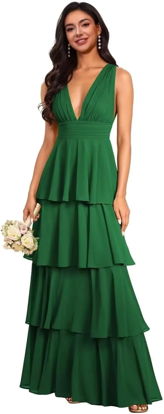 V Neck Bridesmaid Dresses 2025 Chiffon Tiered Ruffles Long Prom Dresses A Line Formal Evening Dresses
