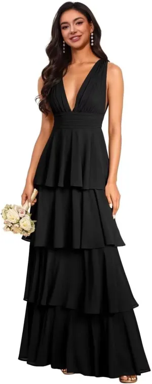V Neck Bridesmaid Dresses 2025 Chiffon Tiered Ruffles Long Prom Dresses A Line Formal Evening Dresses