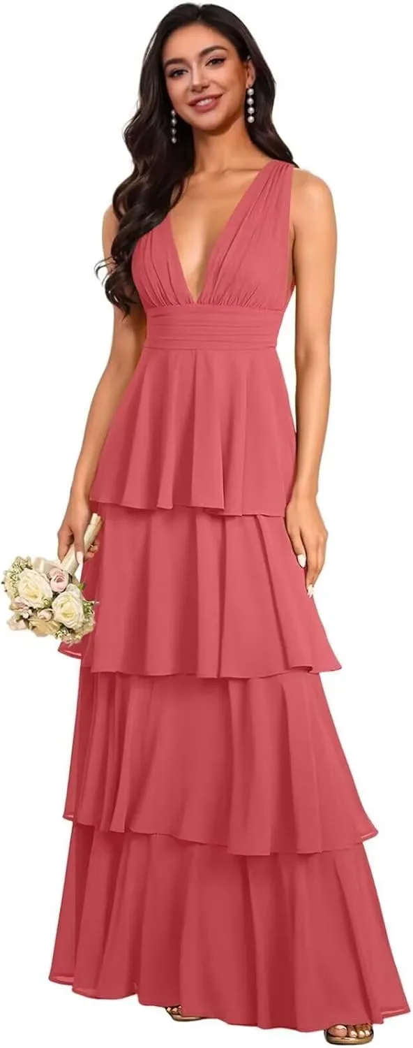 V Neck Bridesmaid Dresses 2025 Chiffon Tiered Ruffles Long Prom Dresses A Line Formal Evening Dresses
