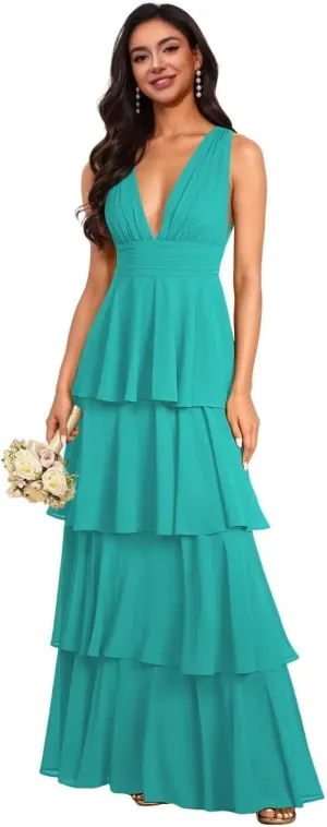 V Neck Bridesmaid Dresses 2025 Chiffon Tiered Ruffles Long Prom Dresses A Line Formal Evening Dresses