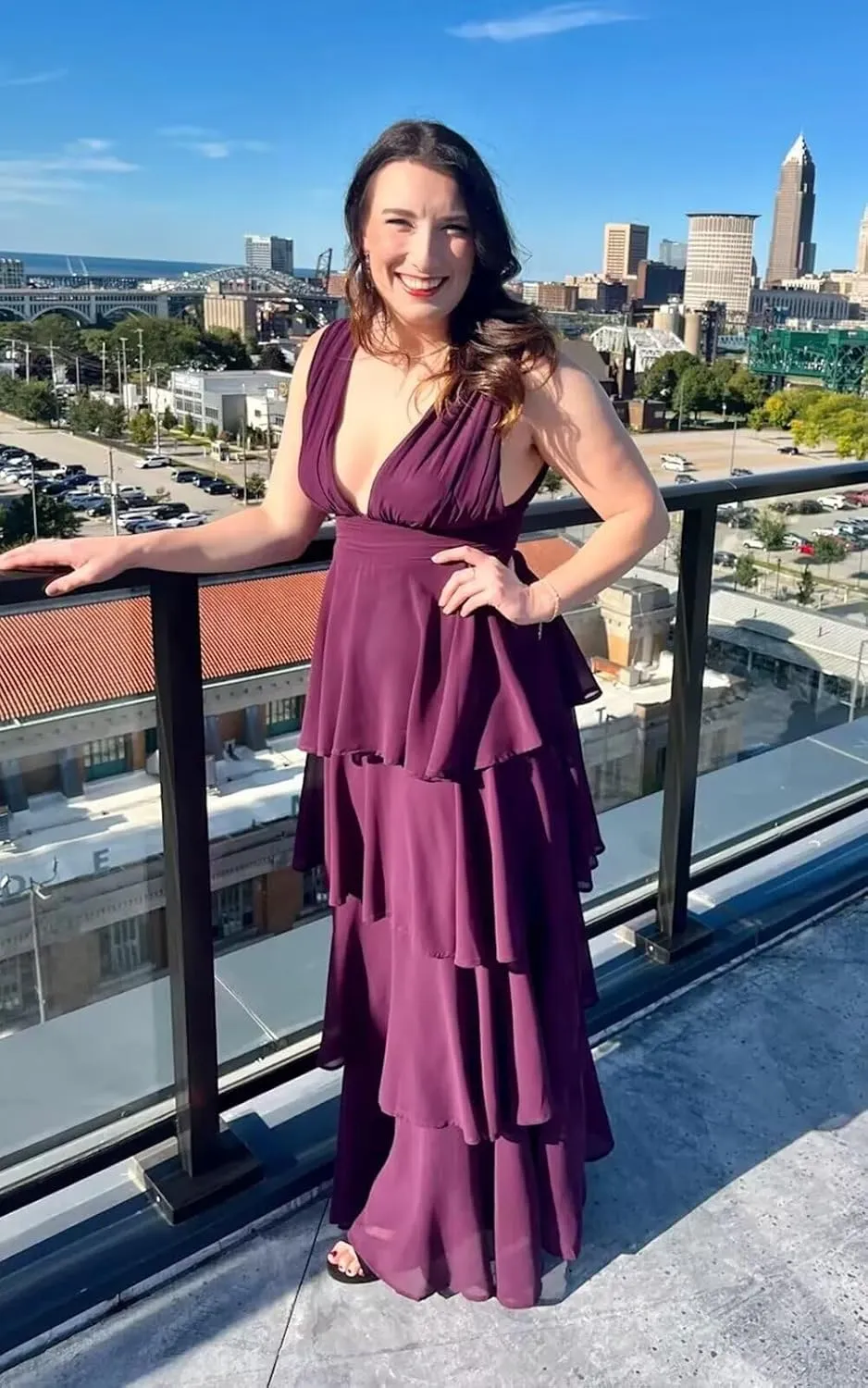 V Neck Bridesmaid Dresses 2025 Chiffon Tiered Ruffles Long Prom Dresses A Line Formal Evening Dresses
