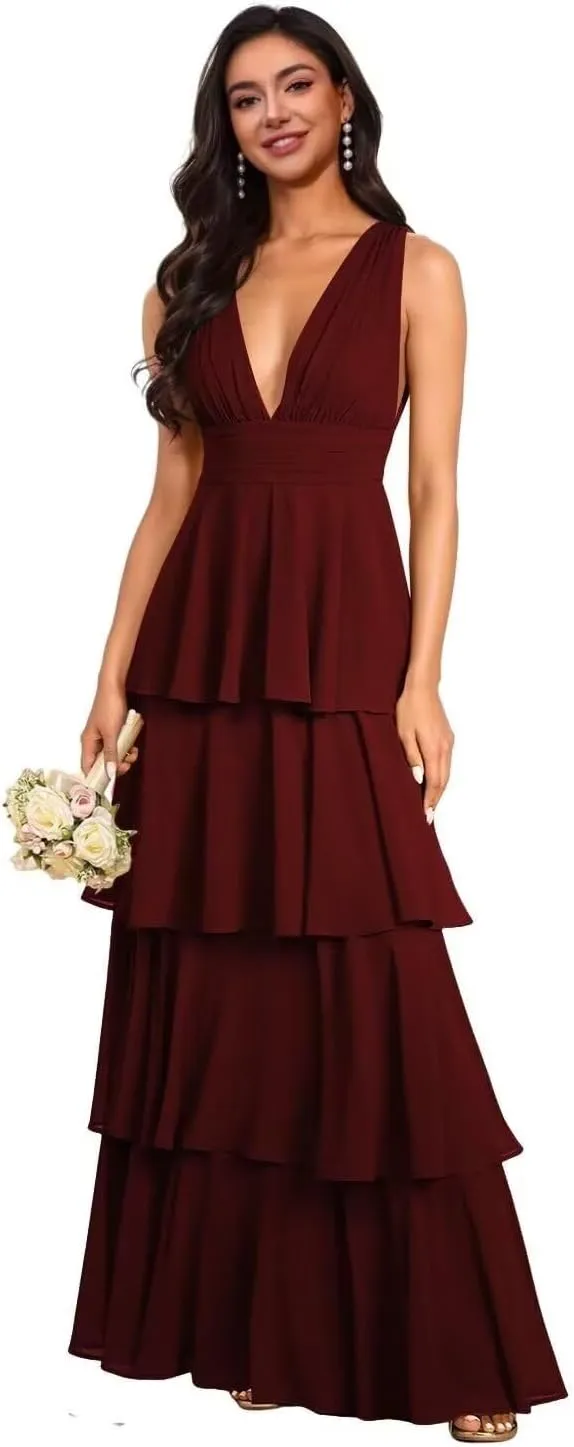 V Neck Bridesmaid Dresses 2025 Chiffon Tiered Ruffles Long Prom Dresses A Line Formal Evening Dresses