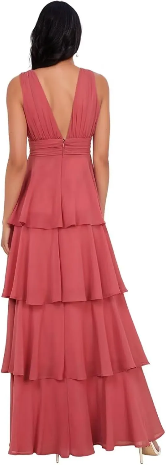V Neck Bridesmaid Dresses 2025 Chiffon Tiered Ruffles Long Prom Dresses A Line Formal Evening Dresses