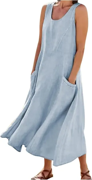 Vacation Dresses for Women 2025 Beach Summer Sleeveless Linen Maxi Dress Boho Flowy Plus Size Sun Dresses with Pocket