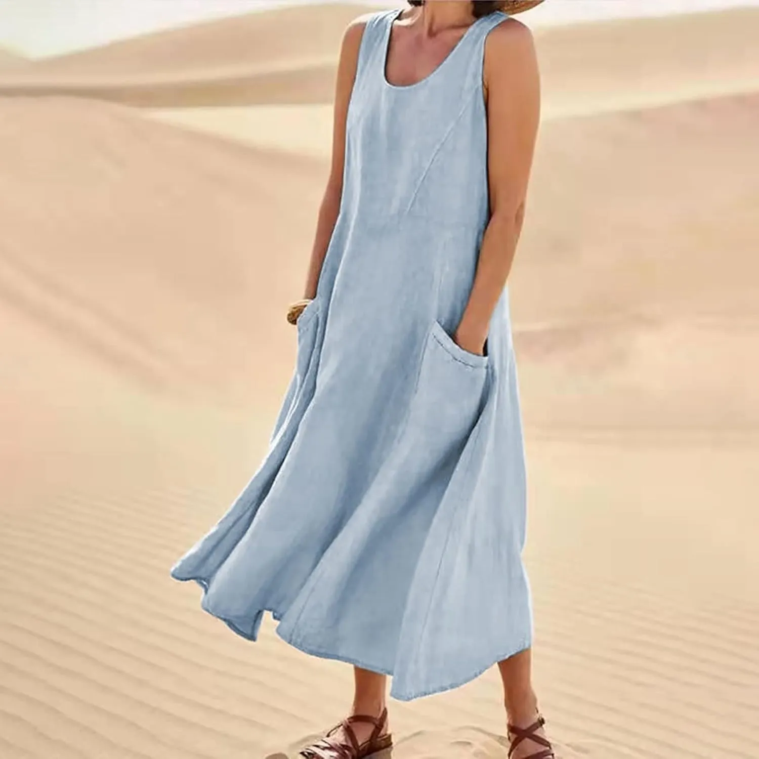 Vacation Dresses for Women 2025 Beach Summer Sleeveless Linen Maxi Dress Boho Flowy Plus Size Sun Dresses with Pocket