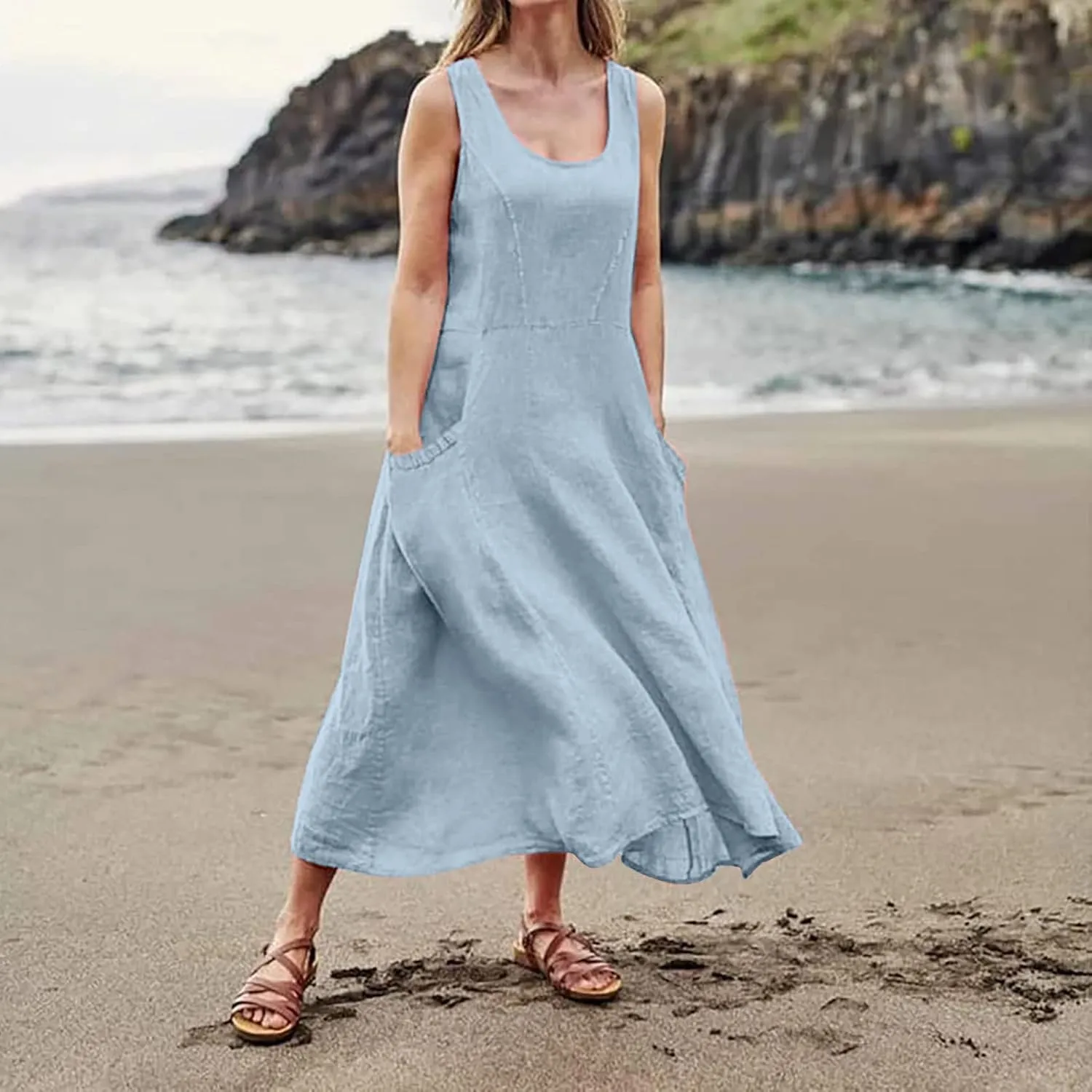 Vacation Dresses for Women 2025 Beach Summer Sleeveless Linen Maxi Dress Boho Flowy Plus Size Sun Dresses with Pocket