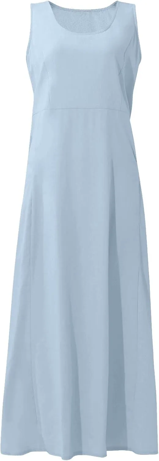 Vacation Dresses for Women 2025 Beach Summer Sleeveless Linen Maxi Dress Boho Flowy Plus Size Sun Dresses with Pocket