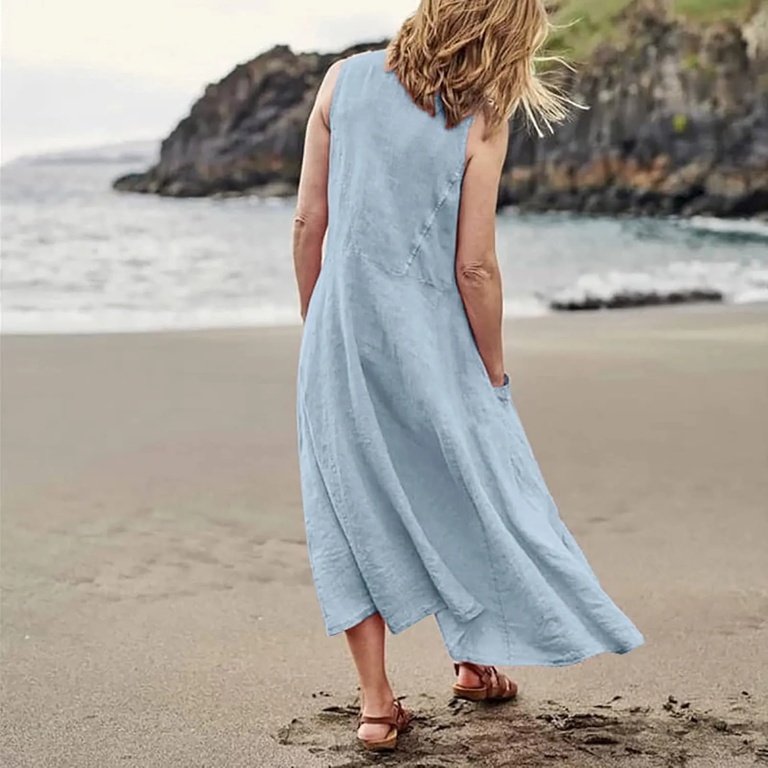 Vacation Dresses for Women 2025 Beach Summer Sleeveless Linen Maxi Dress Boho Flowy Plus Size Sun Dresses with Pocket