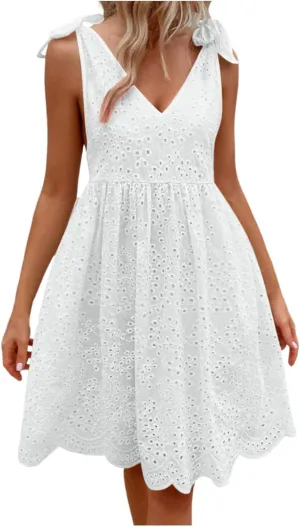 Vacation Dresses for Women 2025,Eyelet V Neck Flowy Mini Dress Boho Tie Knot Strap Sleevless Dress,Swing Beach Dress