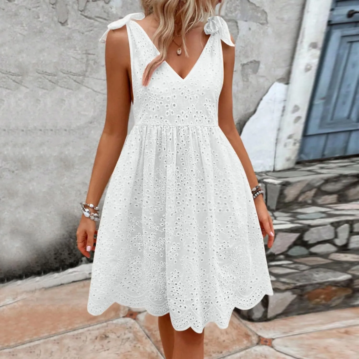 Vacation Dresses for Women 2025,Eyelet V Neck Flowy Mini Dress Boho Tie Knot Strap Sleevless Dress,Swing Beach Dress