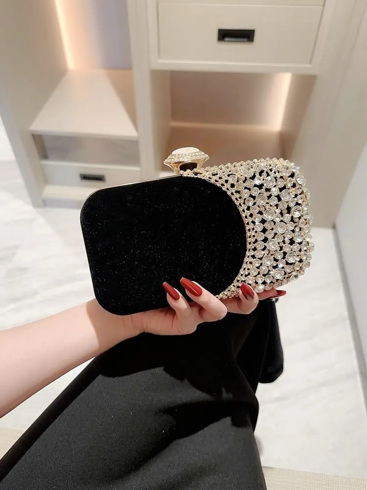 Velvet Evening Bags Women Rhinestone Crystal Embellished Clutch Purses Glitter Chain Handbag Party Wedding 2025