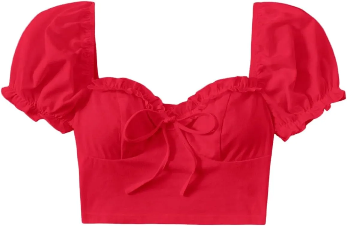 Verdusa Women's Frill Trim Sweetheart Neck Tie Front Short Puff Sleeve Crop Blouse Top