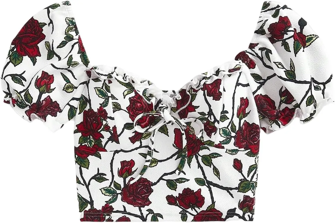 Verdusa Women's Frill Trim Sweetheart Neck Tie Front Short Puff Sleeve Crop Blouse Top