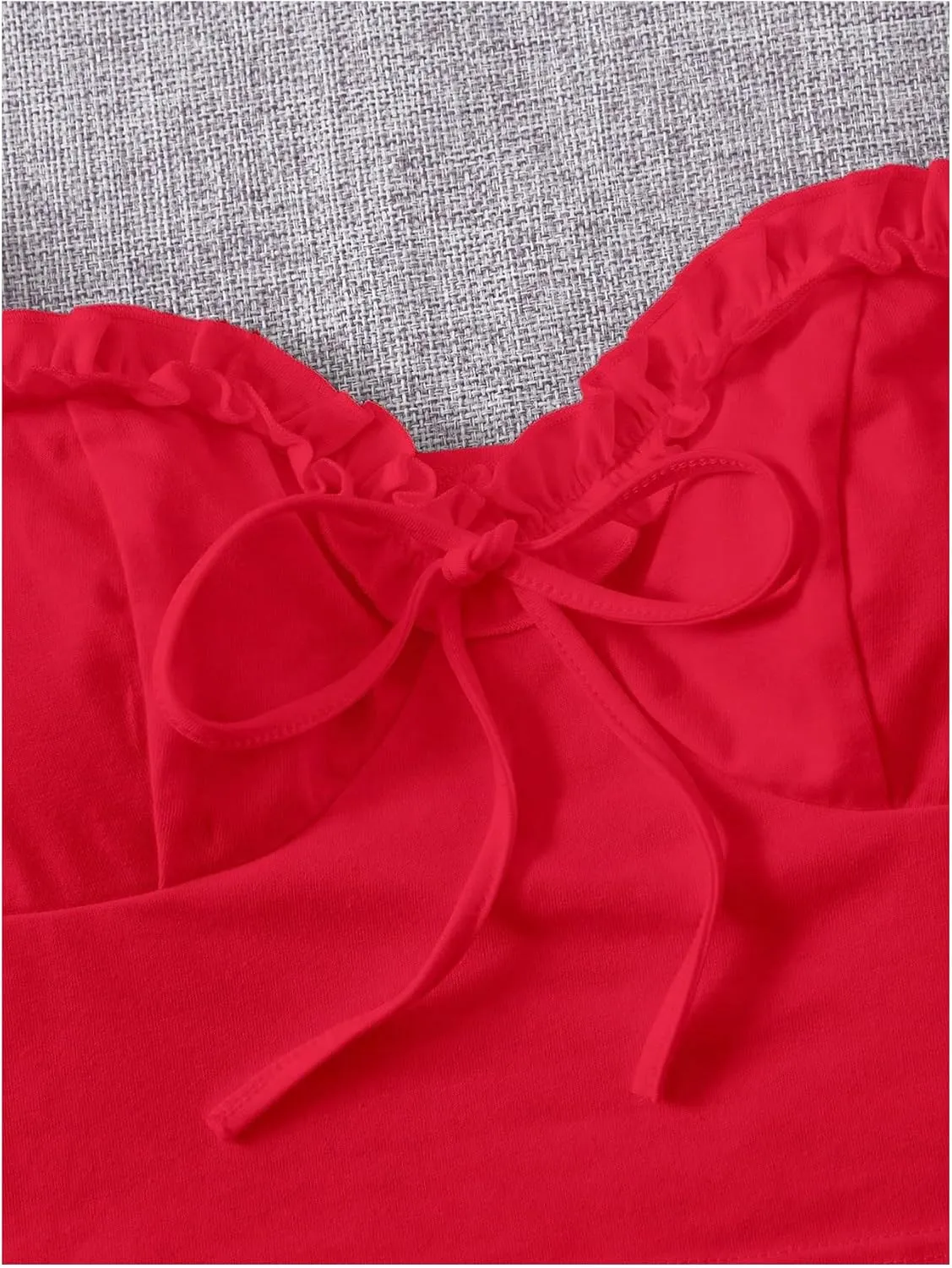 Verdusa Women's Frill Trim Sweetheart Neck Tie Front Short Puff Sleeve Crop Blouse Top