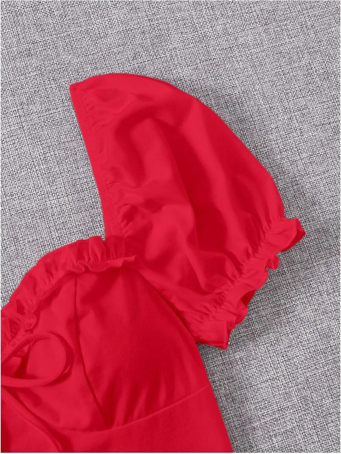 Verdusa Women's Frill Trim Sweetheart Neck Tie Front Short Puff Sleeve Crop Blouse Top