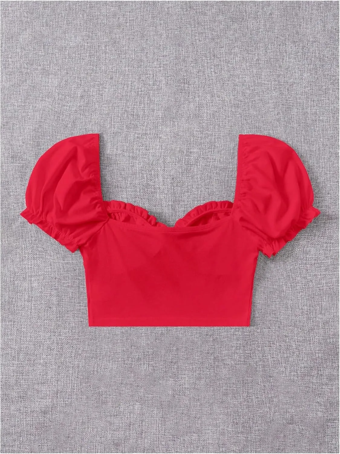 Verdusa Women's Frill Trim Sweetheart Neck Tie Front Short Puff Sleeve Crop Blouse Top