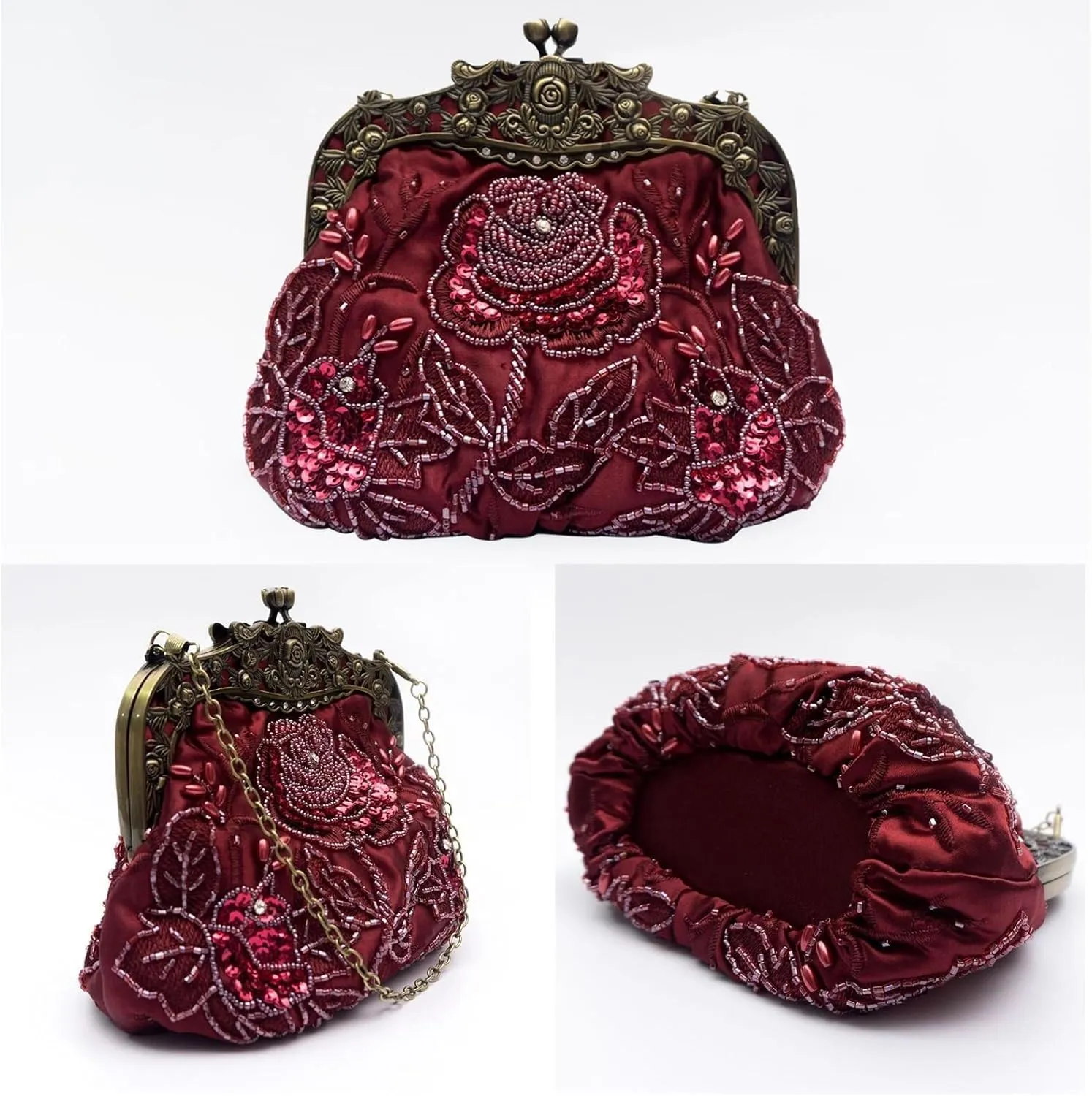 Vintage Evening Pearl Clutch for Women Bridal Wedding Purse Rhinestone Handbag Exquisite Handmade Embroidery Floral Shoulder