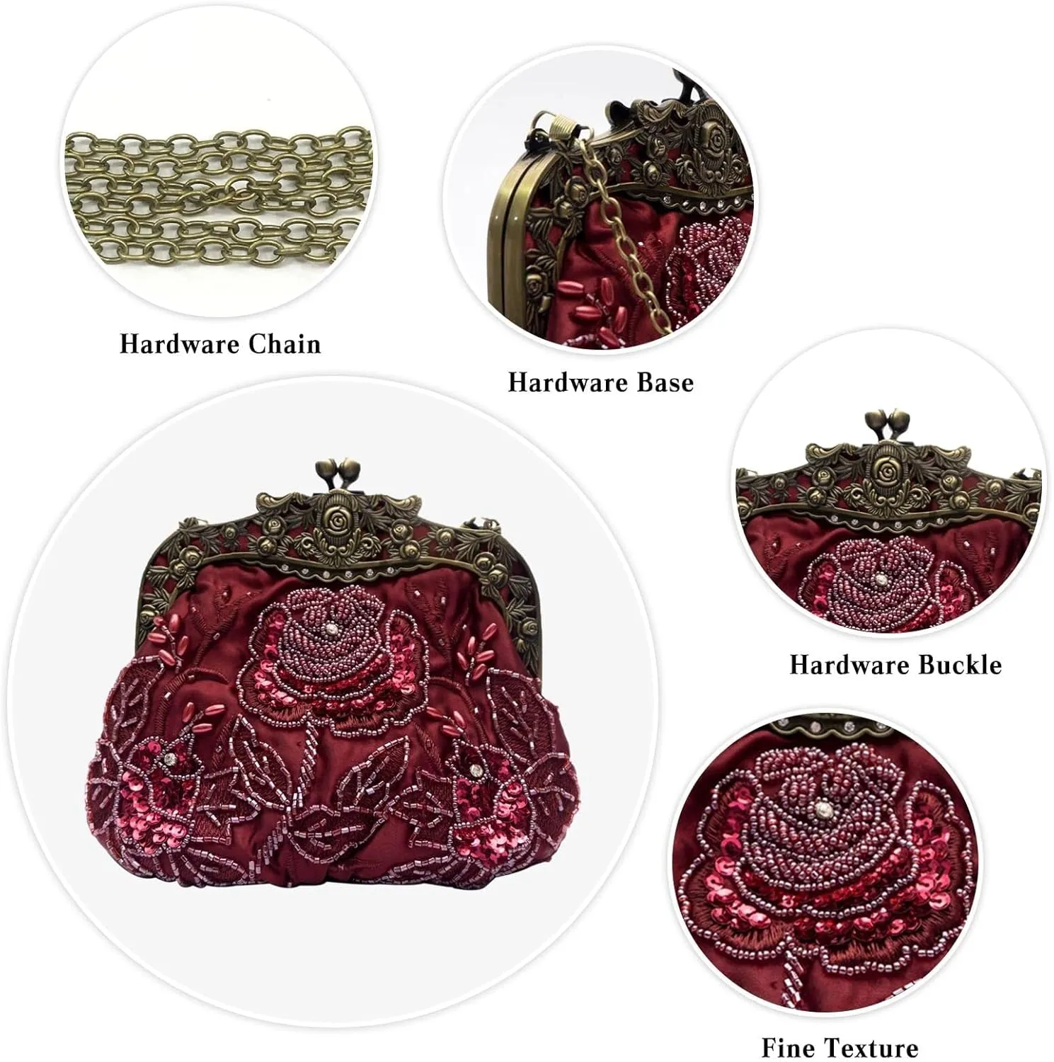 Vintage Evening Pearl Clutch for Women Bridal Wedding Purse Rhinestone Handbag Exquisite Handmade Embroidery Floral Shoulder
