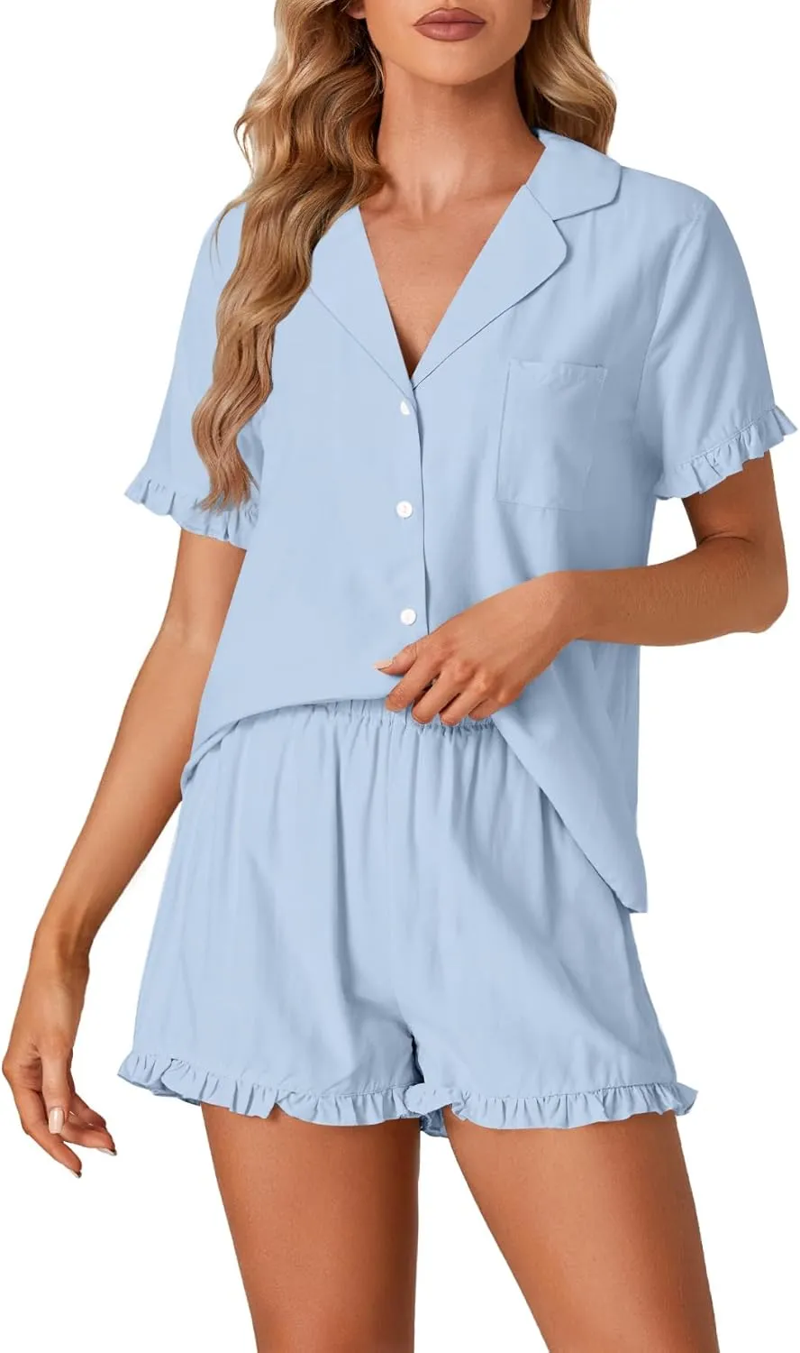 Vrtige Women's 2 Piece Cotton Pajamas Set Button Down Short Sleeve Top and Shorts PJs Set Sleepwear