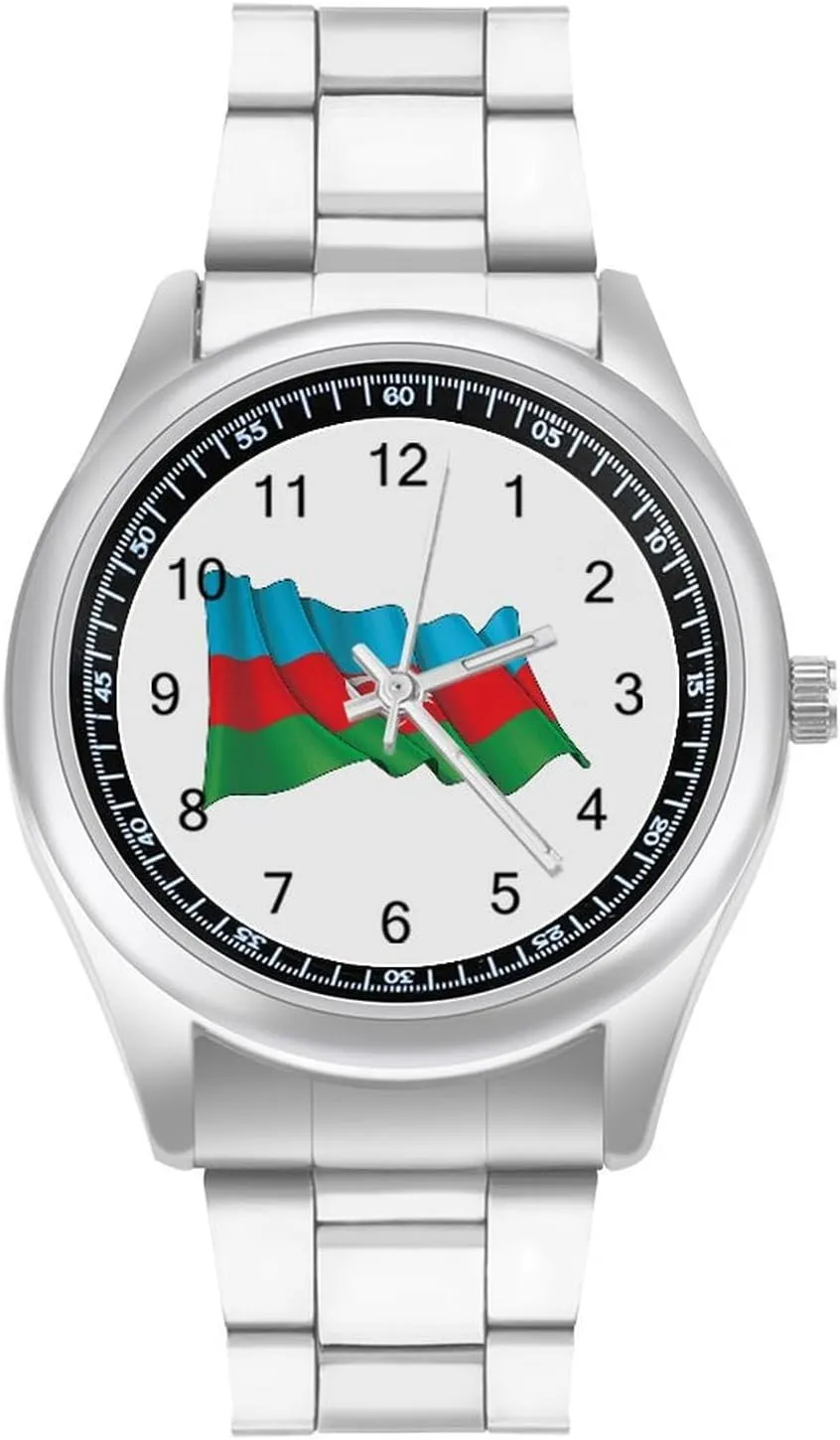 Waving Flag Azerbaijan Stainless Steel Strap Simple Business Watches for Men Easy Reader Work Casual Watch