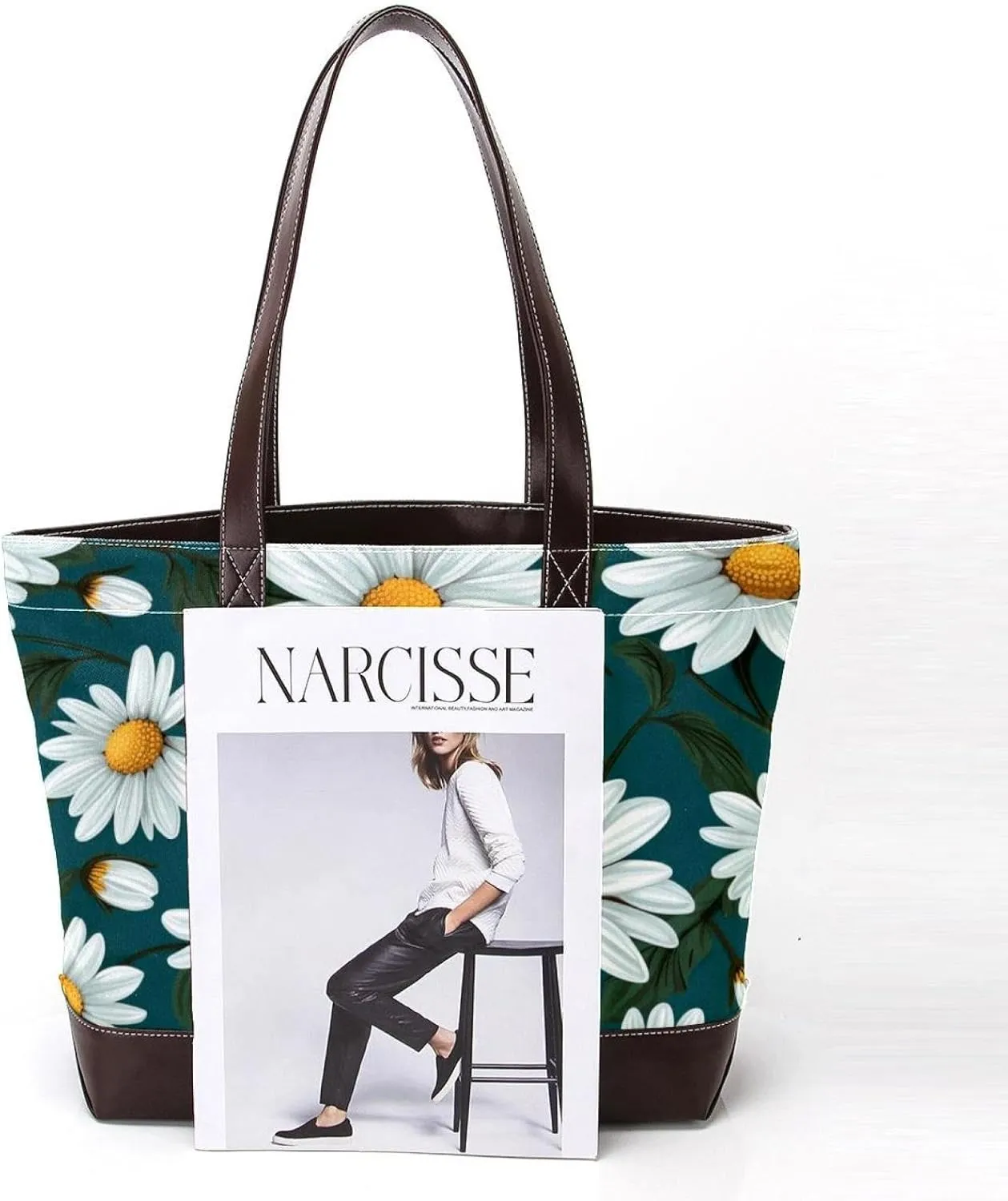 White Daisy-265 Tote Bags Durable Leather Canvas Purses and Handbags for Women Top Handle Shoulder Satchel Hobo Bags