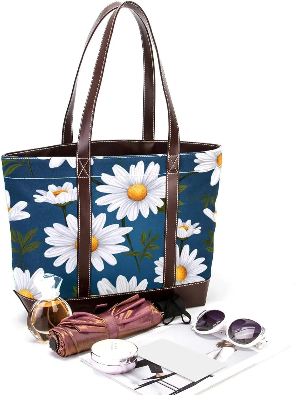 White Daisy-265 Tote Bags Durable Leather Canvas Purses and Handbags for Women Top Handle Shoulder Satchel Hobo Bags