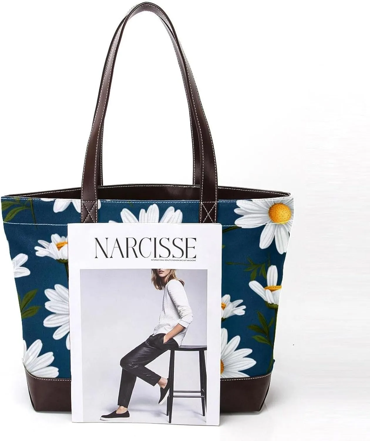 White Daisy-265 Tote Bags Durable Leather Canvas Purses and Handbags for Women Top Handle Shoulder Satchel Hobo Bags