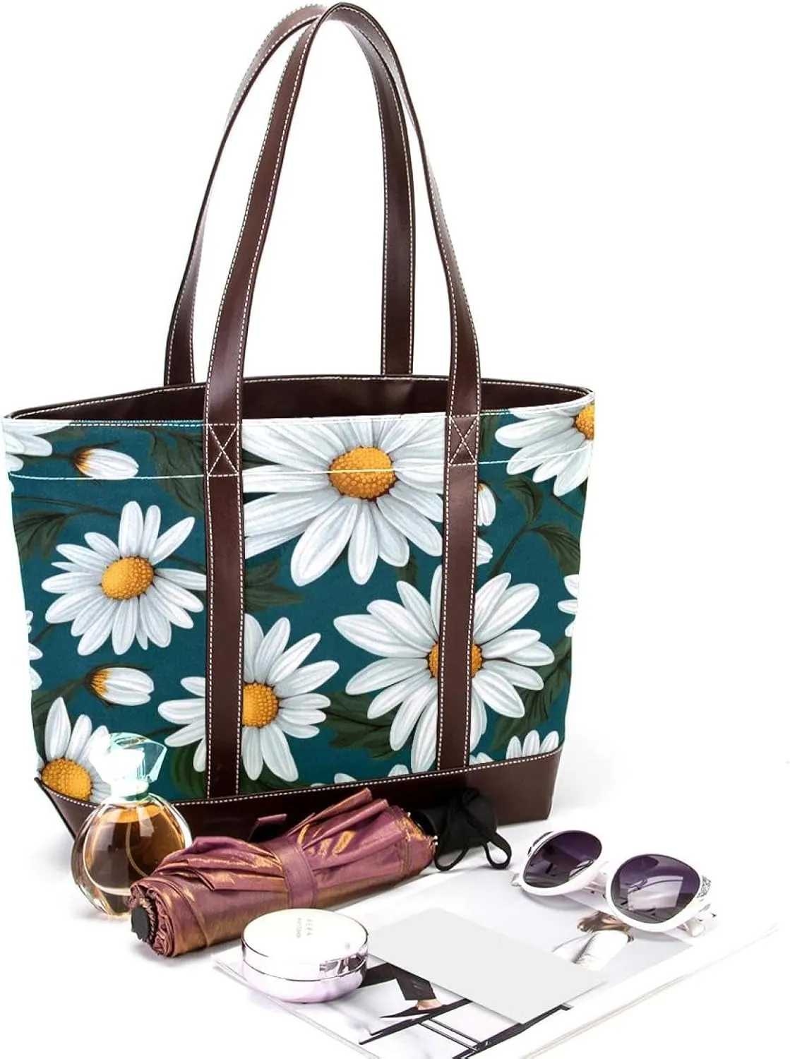 White Daisy-265 Tote Bags Durable Leather Canvas Purses and Handbags for Women Top Handle Shoulder Satchel Hobo Bags