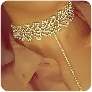 Wiwpar Sparkly Rhinestone Choker Necklace Adjustable Collar Necklaces Chokers Long Choker Necklaces Chains for Women (Gold)