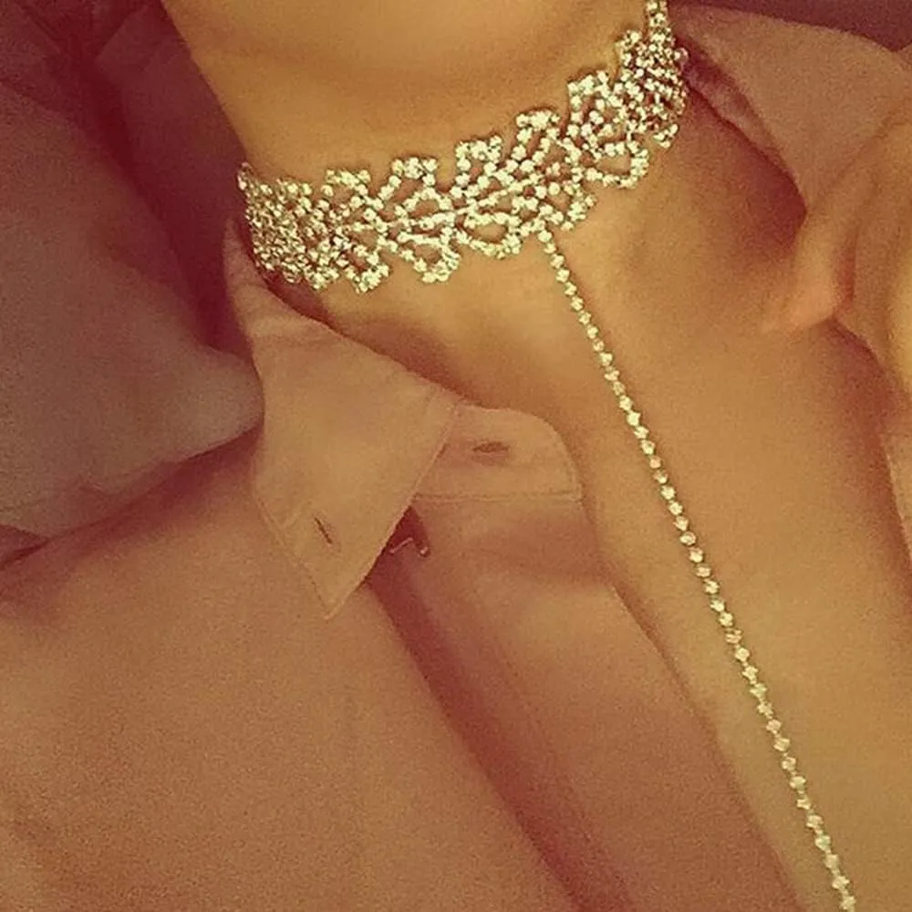 Wiwpar Sparkly Rhinestone Choker Necklace Adjustable Collar Necklaces Chokers Long Choker Necklaces Chains for Women (Gold)