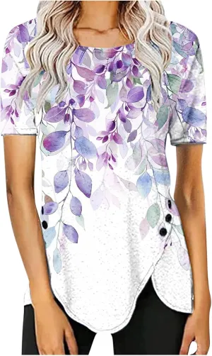 Women 2024 Short Sleeve Summer Shirts Floral Print Fitted Causal Tshirts Boho Blouses Tunics Dressy Trendy Clothes