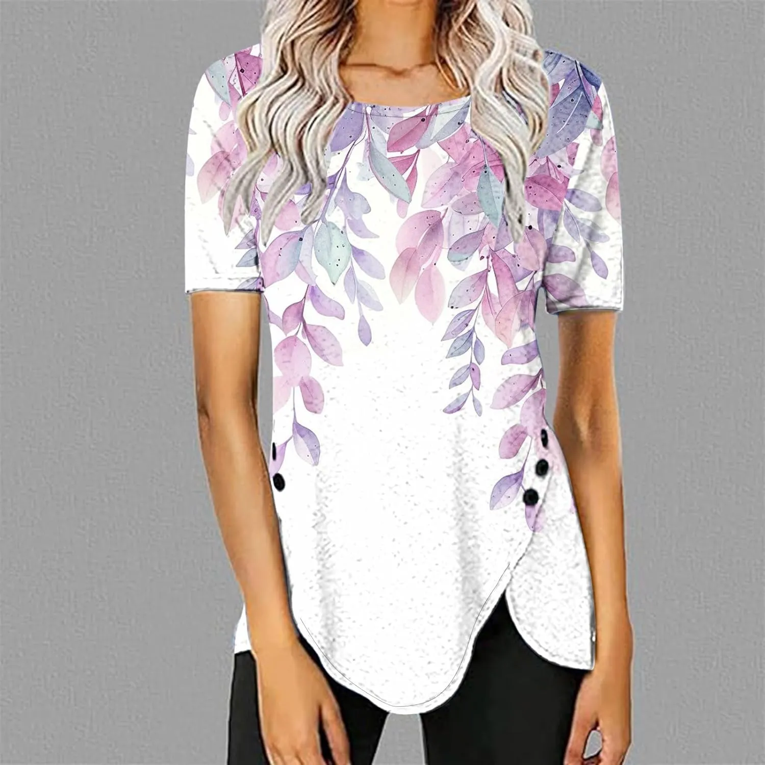 Women 2024 Short Sleeve Summer Shirts Floral Print Fitted Causal Tshirts Boho Blouses Tunics Dressy Trendy Clothes