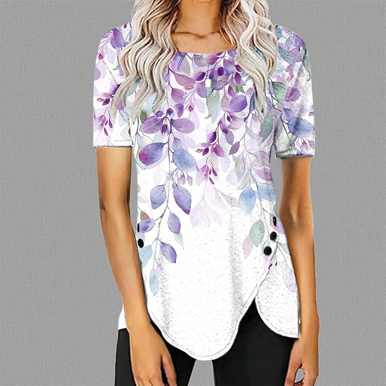 Women 2024 Short Sleeve Summer Shirts Floral Print Fitted Causal Tshirts Boho Blouses Tunics Dressy Trendy Clothes