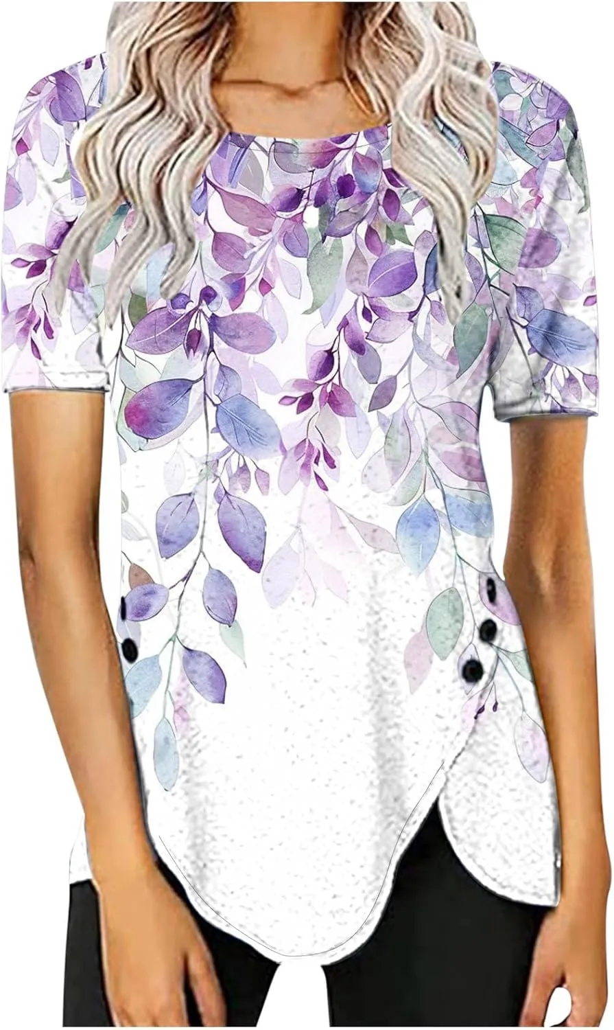 Women 2024 Short Sleeve Summer Shirts Floral Print Fitted Causal Tshirts Boho Blouses Tunics Dressy Trendy Clothes