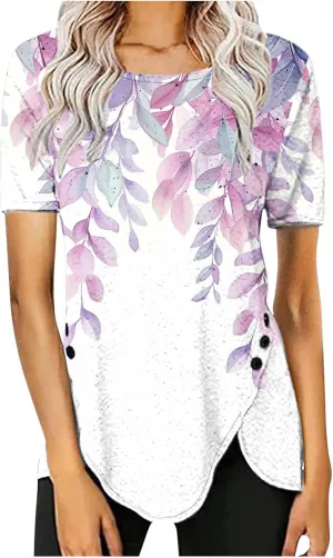 Women 2024 Short Sleeve Summer Shirts Floral Print Fitted Causal Tshirts Boho Blouses Tunics Dressy Trendy Clothes