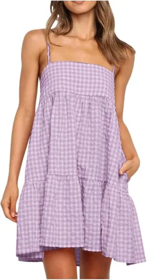 Women 2025 Summer Plaid Mini Dress Casual Boho Sleeveless Ruffle Spaghetti Strap Cami Babydoll Dresses with Pockets