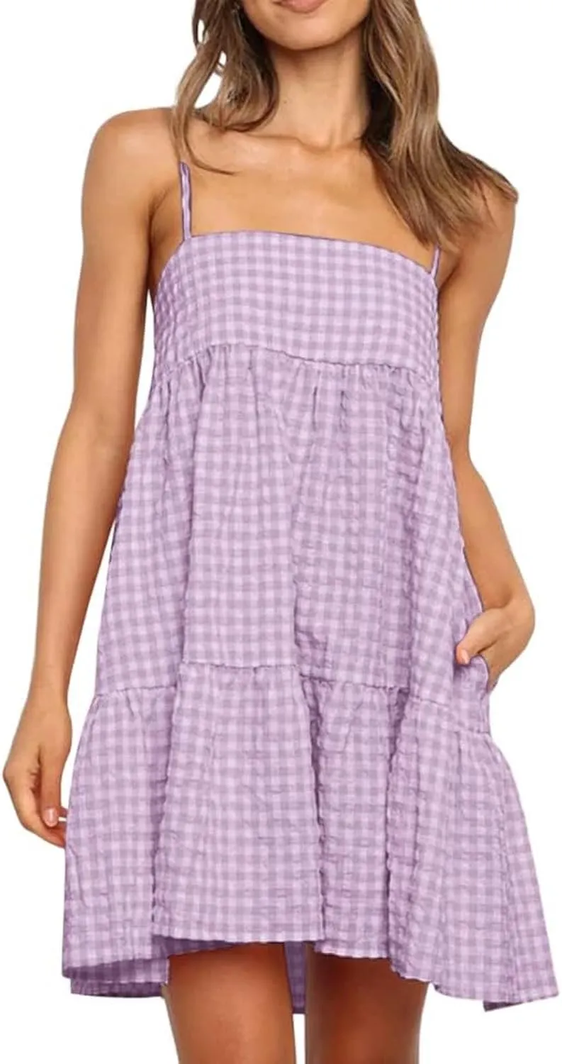 Women 2025 Summer Plaid Mini Dress Casual Boho Sleeveless Ruffle Spaghetti Strap Cami Babydoll Dresses with Pockets