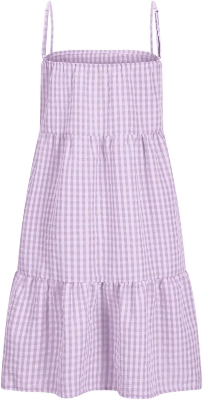 Women 2025 Summer Plaid Mini Dress Casual Boho Sleeveless Ruffle Spaghetti Strap Cami Babydoll Dresses with Pockets
