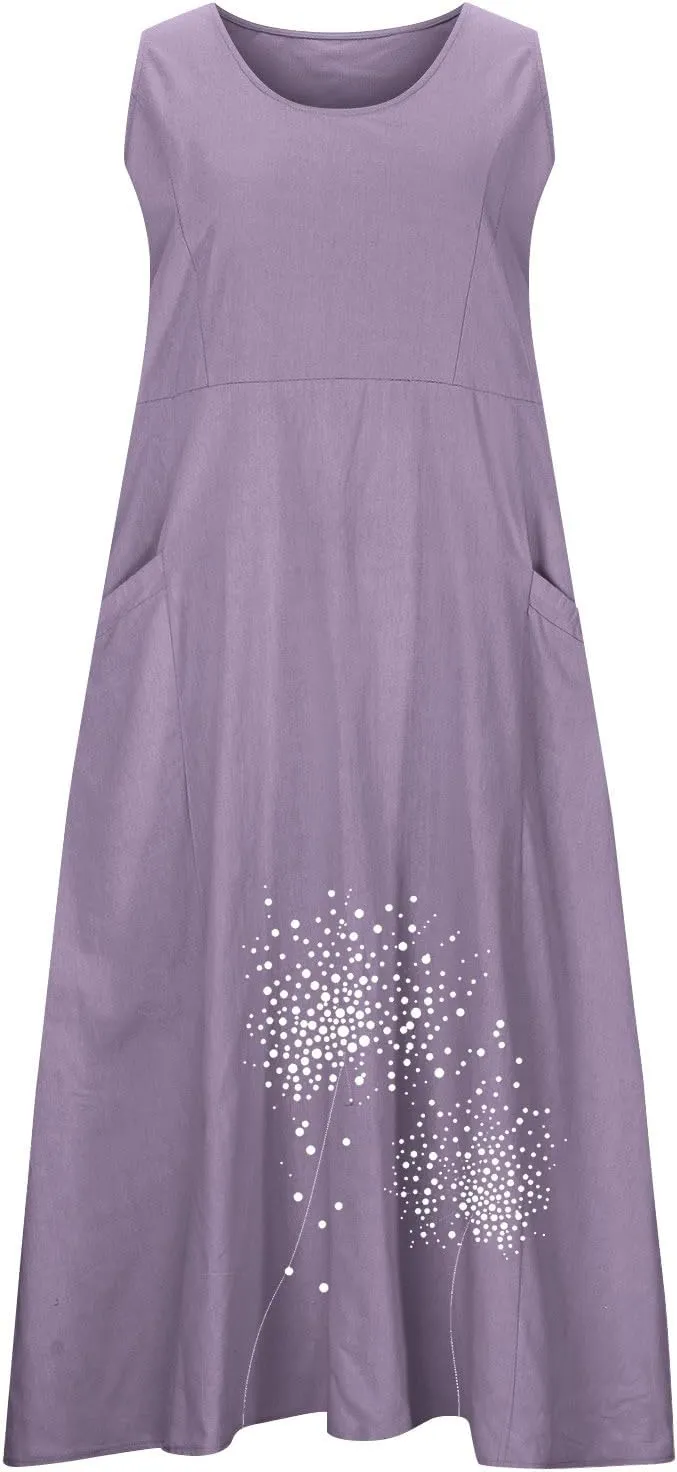 Women 2025 Summer Tank Dress Casual Sleeveless Printed Linen Shirt Dress Flowy Loose Plus Size Maxi Dress with Pocket