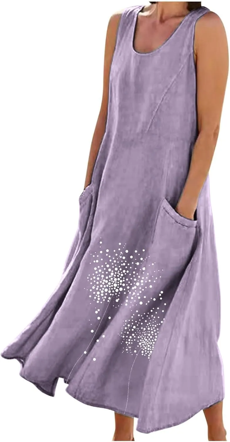 Women 2025 Summer Tank Dress Casual Sleeveless Printed Linen Shirt Dress Flowy Loose Plus Size Maxi Dress with Pocket