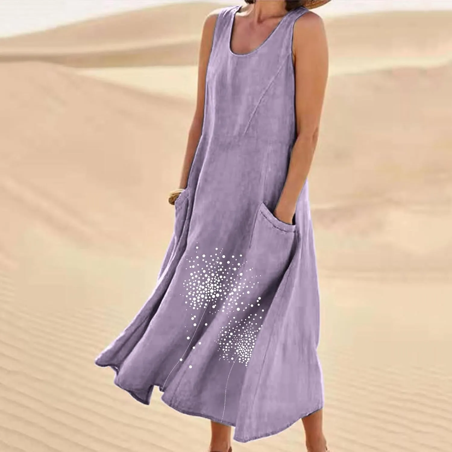 Women 2025 Summer Tank Dress Casual Sleeveless Printed Linen Shirt Dress Flowy Loose Plus Size Maxi Dress with Pocket