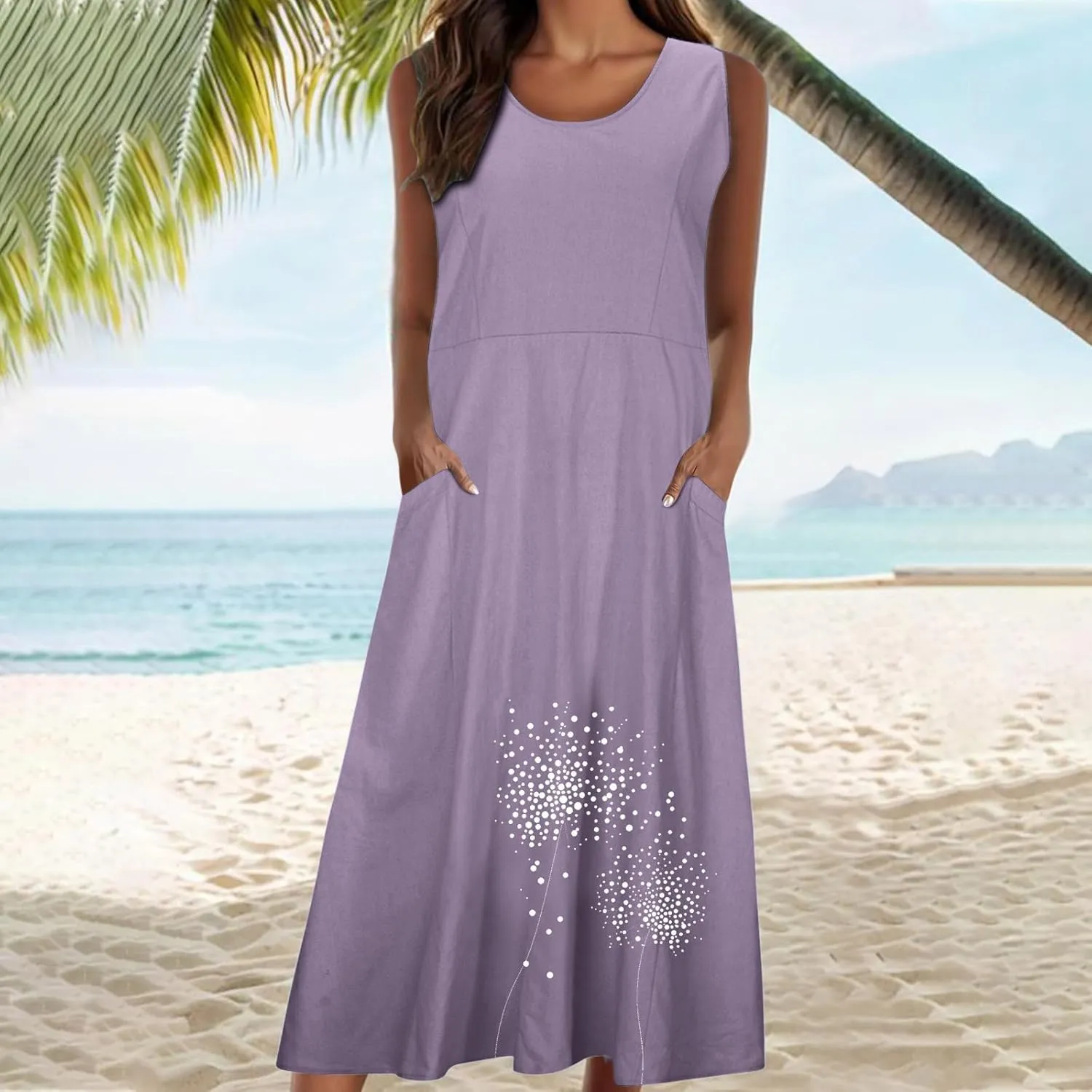 Women 2025 Summer Tank Dress Casual Sleeveless Printed Linen Shirt Dress Flowy Loose Plus Size Maxi Dress with Pocket