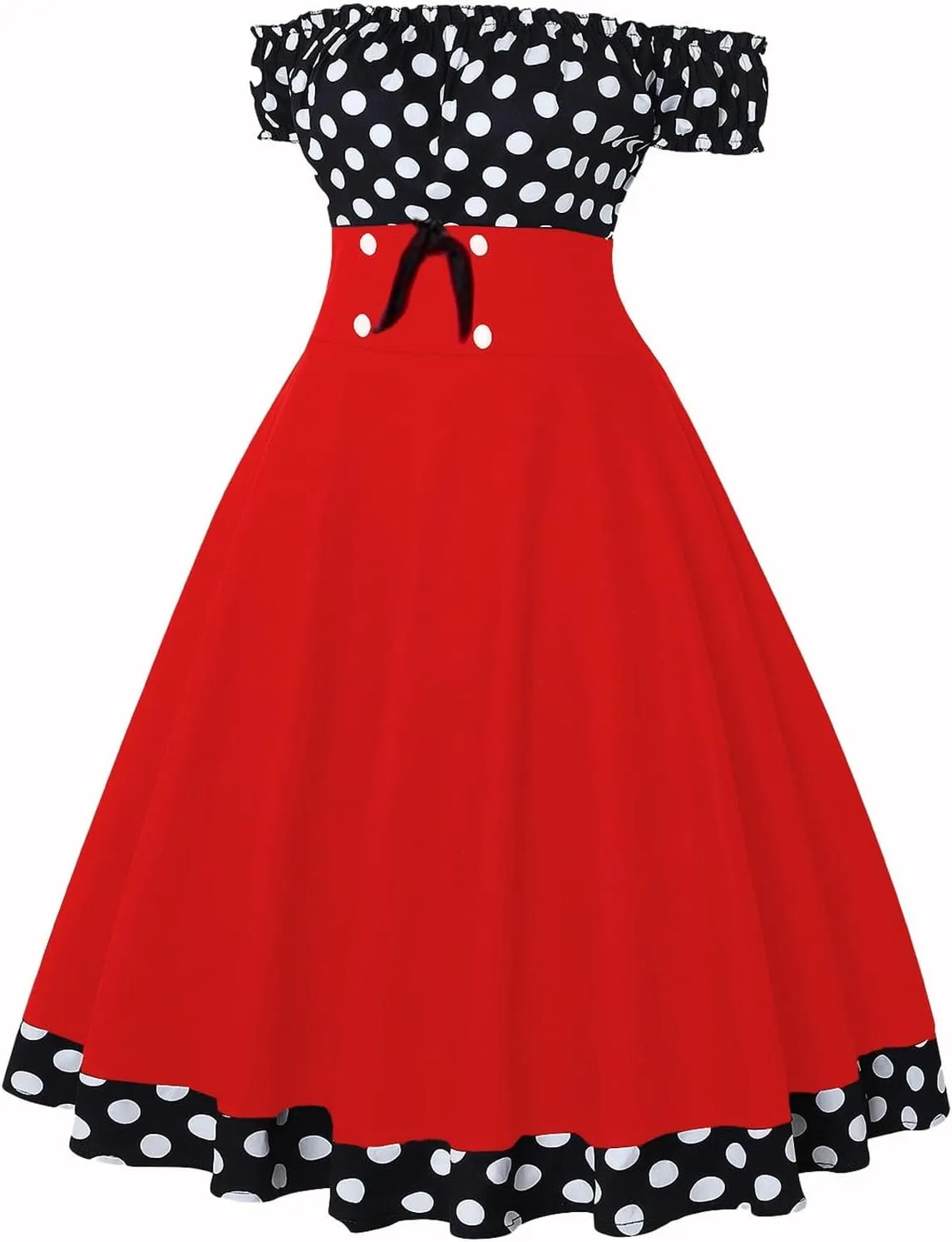 Women 50s 60s Retro Rockabilly Swing Dress Off Shoulder Cocktail Party Tea Dresses A-line Polka Dot Midi Dresses