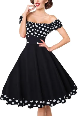 Women 50s 60s Retro Rockabilly Swing Dress Off Shoulder Cocktail Party Tea Dresses A-line Polka Dot Midi Dresses