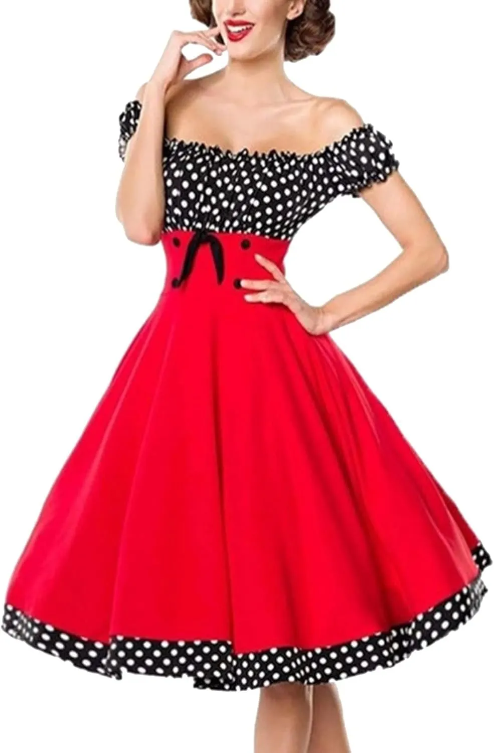 Women 50s 60s Retro Rockabilly Swing Dress Off Shoulder Cocktail Party Tea Dresses A-line Polka Dot Midi Dresses