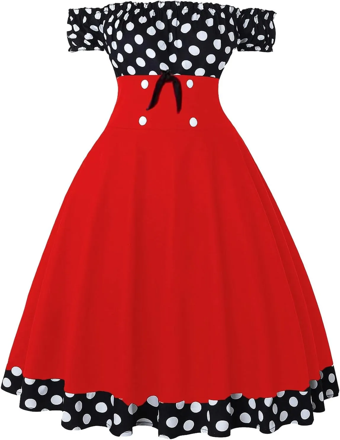 Women 50s 60s Retro Rockabilly Swing Dress Off Shoulder Cocktail Party Tea Dresses A-line Polka Dot Midi Dresses