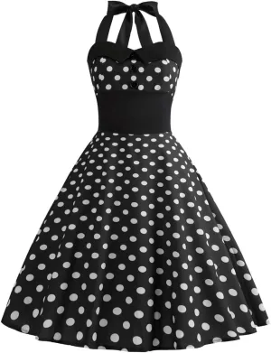 Women 50s Vintage Polka Dot Halter Cocktail Swing Dress Buttons Floral 1950s Rockabilly Audrey Hepburn Prom Tea Party Dress