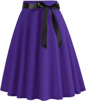 Women 50s Vintage Skirts Cosplay Retro Hepburn Style High Waist Midi Skirt Pleated Bow Belt Flared A-Line Swing Skirt