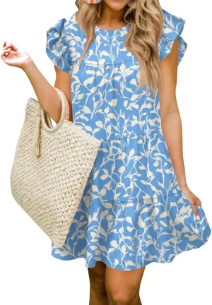 Women Babydoll Summer Casual Crew Neck Ruffle Sleeve Sleeveless Flowy Mini Short Tunic Dress Floral Print Pleated Dress5-Blue,X-Large
